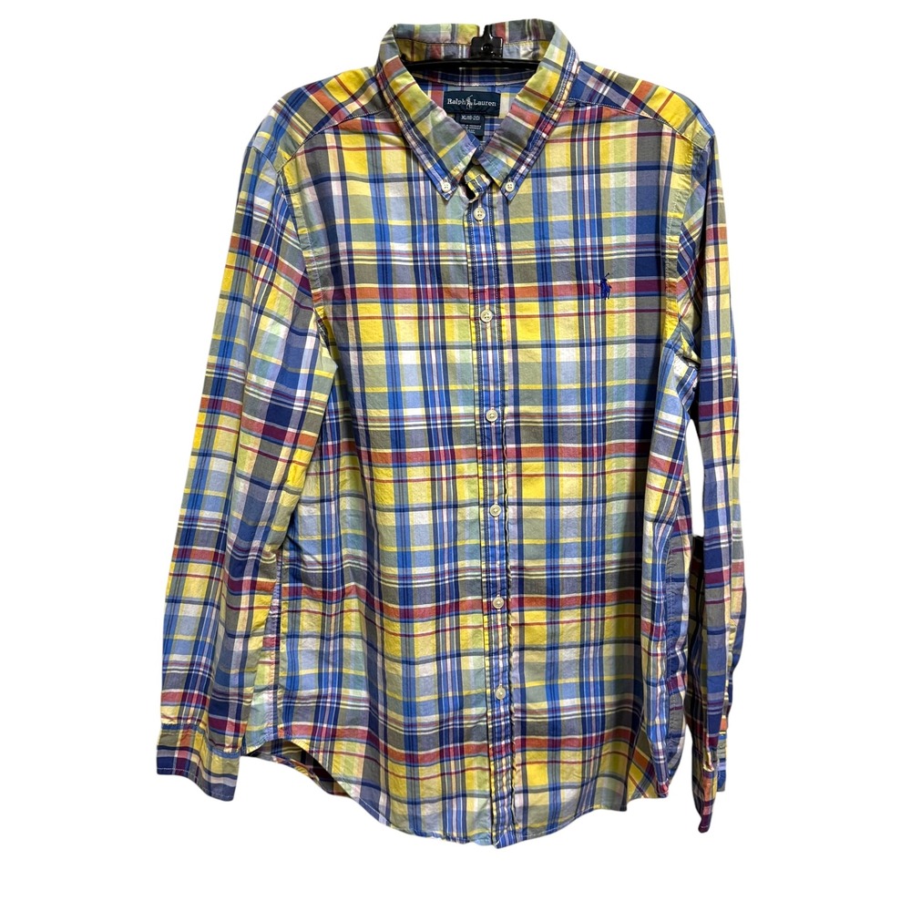 Ralph Lauren Plaid Button Down Shirt Long Sleeve Yellow Blue Red XL 18-20 Boys